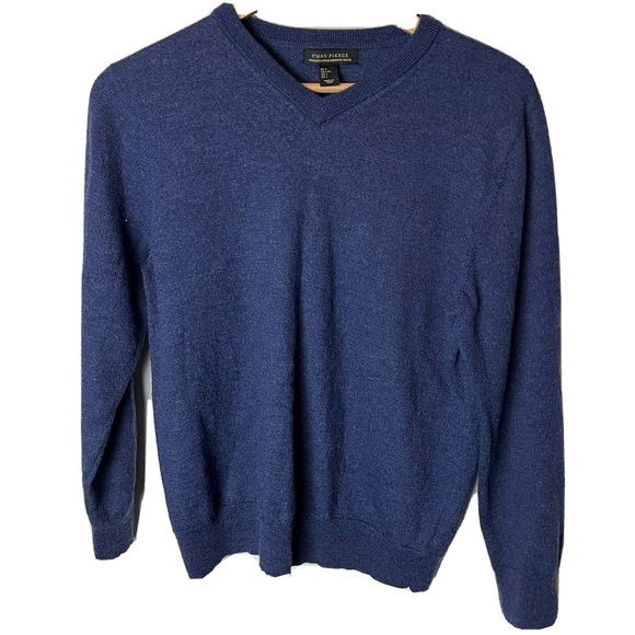 ETHAN PIERCE Men's Blue V-neck Extra Fine Merina Wool Pullover Sweater Large - Picture 1 of 6